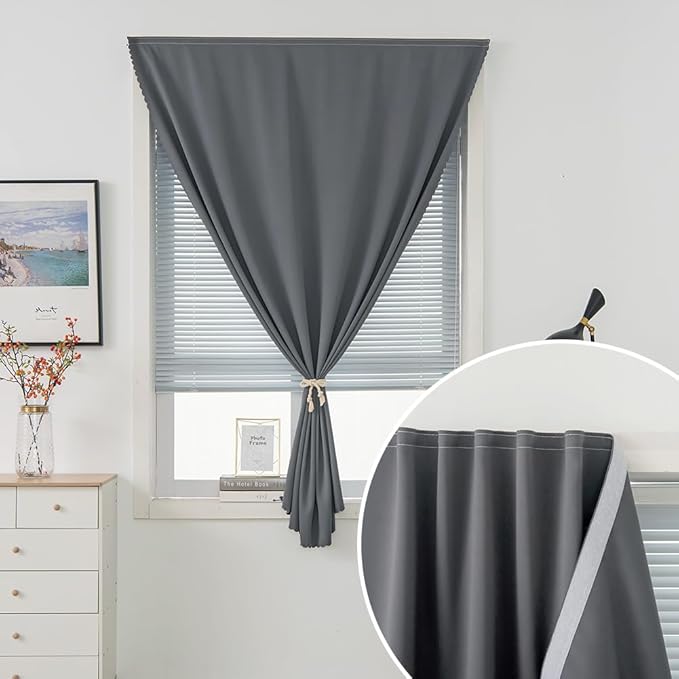 Magic Tape Stick On Curtains Window Shades Pull Down Blackout Window Cover Blackout Curtains for Bedroom No Drillng Self Adhesive Curtains No Rod Small Curtain, 59" W X 71" L, Grey, 1 Panel