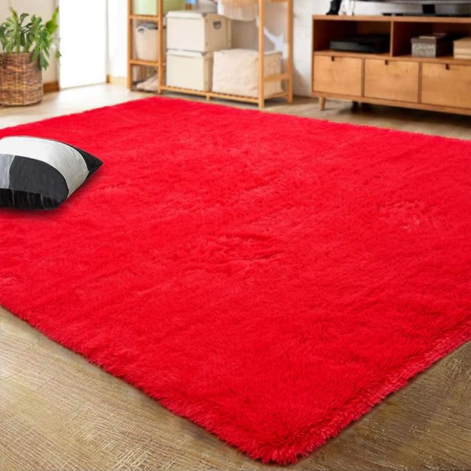 LOCHAS Ultra Soft Indoor Modern Area Rugs Fluffy Living Room Carpets for Children Bedroom Home Decor Nursery Rug 4x5.3 Feet,Red