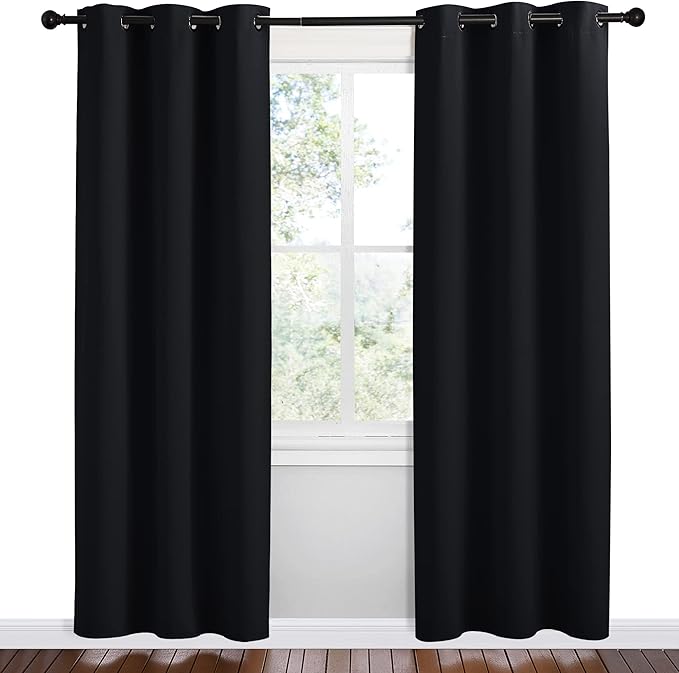 NICETOWN Bathroom Blackout Thermal Curtains and Drapes, 2 Panels, 42 inches Wide by 78 inches Long, Black, Solid Thermal Insulated Grommet Blackout Drapery Panels for Window