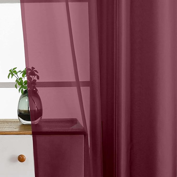 Burgundy Valances for Windows 14 inch Length 2 Panels Set, Small Voile Sheer Curtains for Bathroom, Soft Fabric Lightweight Light Filtering Kitchen Curtains, Dual Rod Pocket, 2x42Wx14L Inches