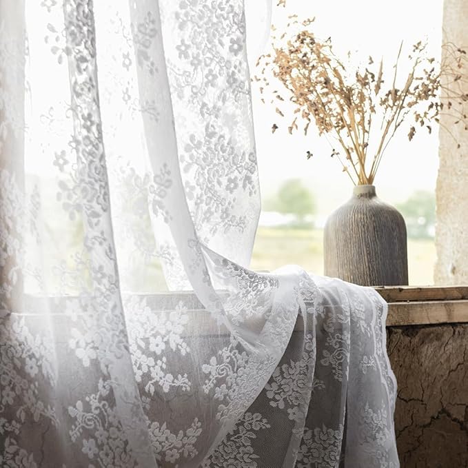 YJ YANJUN Vintage Lace Curtains Chic Floral White Short Sheer Bathroom Curtains for Small Window 2 Panels, Light Filtering Net Drapes for Bedroom, Laundry Room Light Filtering W52 X L45