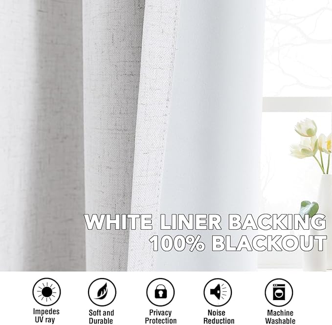 H.VERSAILTEX Linen Curtains 100% Blackout Curtains for Bedroom 54 inch Long Full Light Blocking Nature Linen Blended Window Curtains for Living Room Nickel Grommet (2 Panels, Heathered White)