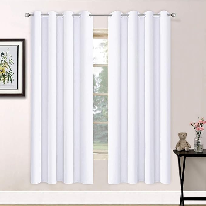 Yakamok White Thermal Insulated Curtains 84 Inch Length Solid Grommet Top Window Treatment Curtain Light Blocking Room Darkening Drapes for Bedroom Living Room(52x72 Inch, Pure White, 2 Panels)