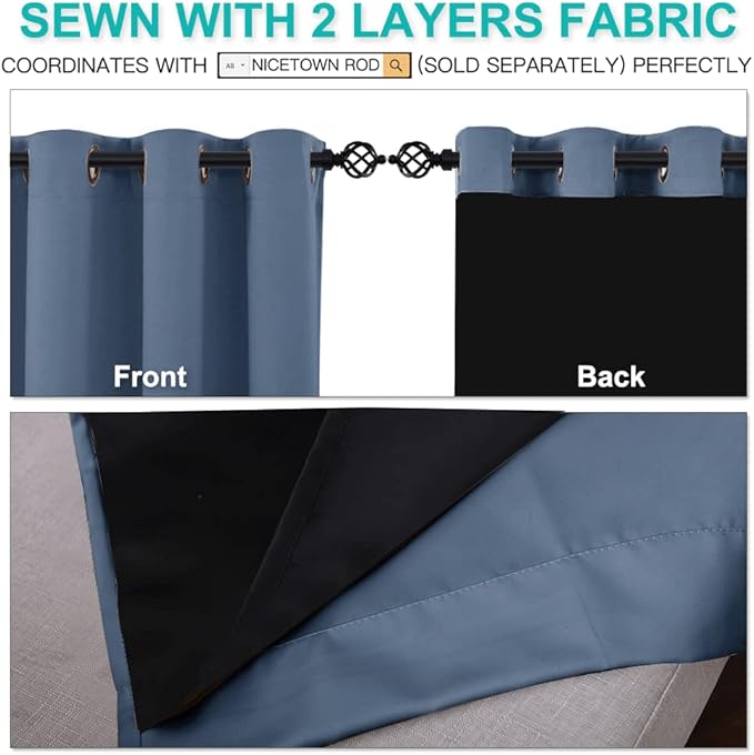 NICETOWN Room Warming Curtains, 100% Sun Blocking Curtains, Sound Proof Drapes with Black Backing, Full Light Blocking Panels for Patio Sliding Door (Stone Blue, 1 Pair, 52 inches x 108 inches)