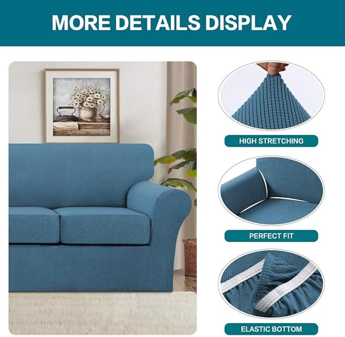 Turquoize 4 Piece Sofa Covers For 3 Cushion Couch Sofa Slipcover Soft Couch Cover For Dogs-Washable Sofa Furniture Covers With 3 Individual Cushion Covers, Jacquard Fabric (3 Cushion Sofa, Dusty Blue)