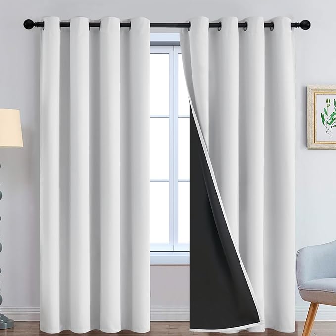 Yakamok 100% Blackout Curtains 90 Inches Long, 2 Thick Layers Heat and Full Light Blocking Soft Thermal Insulated Drapes for Bedroom(52" Wide Each Panel, Greyish White, 2 Panels)