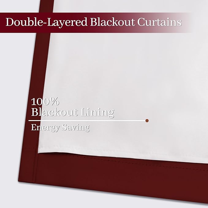 Yakamok Room Darkening 100% Blackout Curtains Grommet Window Treatments with 2 Thick Layers-Burgundy Red Thermal Insulated Drapes Set of 2 Panels for Bedroom Living Room 52 Inches by 72 Inches Length
