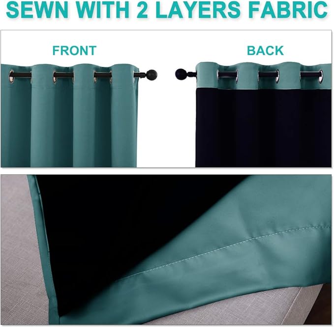 NICETOWN 100% Blackout Curtains with Black Liners, Thermal Insulated 2-Layer Lined Drapes, Room Warming Small Window Draperies for Dining Room (Sea Teal, 2 Panels, 55 inches W by 57 inches L)