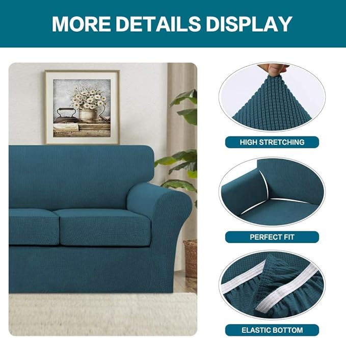 Turquoize 3 Piece Sofa Covers for 2 Cushion Couch Sofa Slipcover Soft Couch Cover for Dogs-Washable Sofa Furniture Covers with 2 Individual Cushion Covers, Thick Jacquard Fabric (Loveseat, Deep Teal)