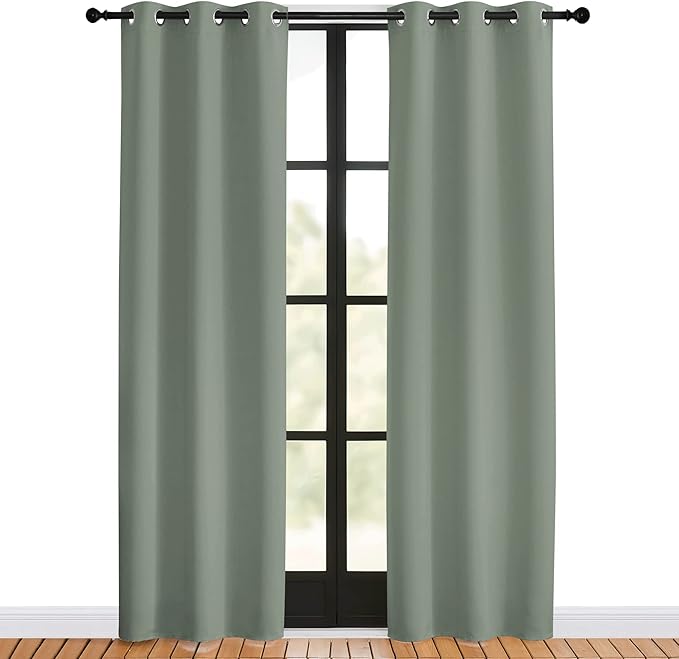 NICETOWN Window Curtain Panels, Greyish Green, 1 Pair, 34 by 80-inch, Thermal Insulated Solid Grommet Blackout Draperies/Drapes for Basement