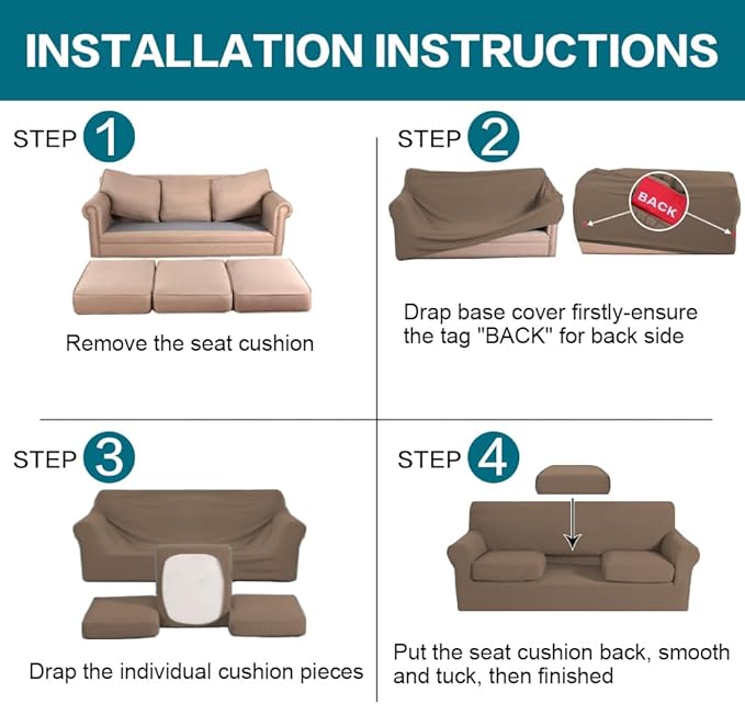 Turquoize 3 Piece Sofa Covers for 2 Cushion Couch Sofa Slipcover Soft Couch Cover for Dogs-Washable Sofa Furniture Cover with 2 Individual Cushion Covers, Feature Fabric (2 Cushion Sofa, Olive)