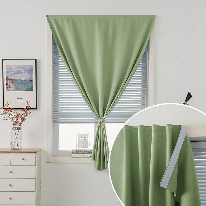 Magic Tape Blackout Curtains for Bedroom No Drillng Self Adhesive Curtains No Rod Small Window, 47" W X 96" L, Sage Green, 1 Panel