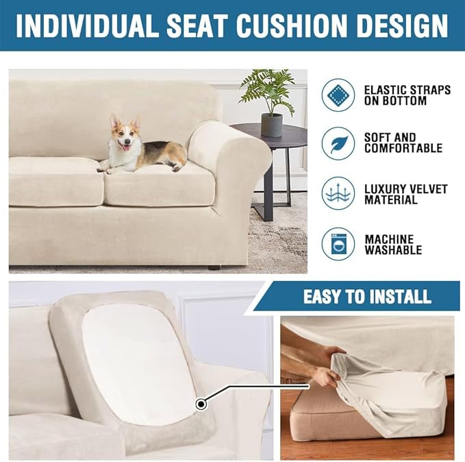 H.VERSAILTEX Modern Velvet Plush 4 Piece High Stretch Sofa Slipcover Furniture Protector Form Fit Velvet Extra Large Sofa Cover for 3 Cushion Couch Width Up to 105 Inch (XL Sofa, Cream)