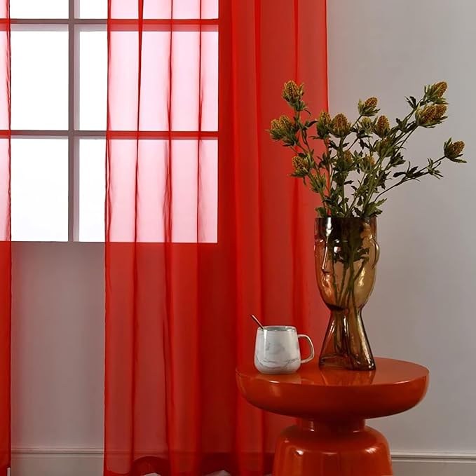 SpaceDresser Basic Rod Pocket Sheer Voile Window Curtain Panels Red 1 Pair 2 Panels 52 Width 36 Inch Long for Kitchen Bedroom Children Living Room Yard（Red, 52W x 36L）
