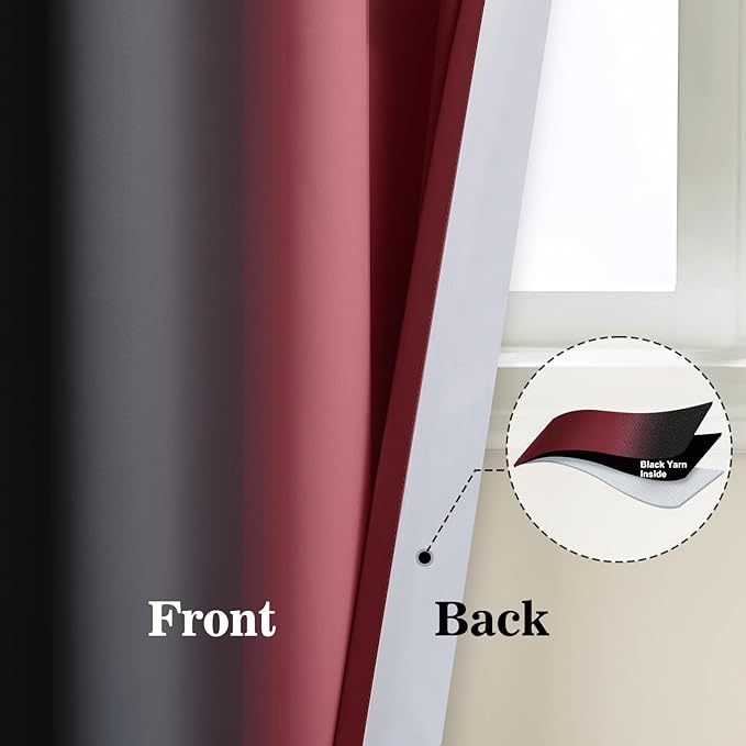 Yakamok Blackout Ombre Burgundy and Black Curtains for Bedroom, Gradient Room Darkening Curtains, Grommet Thermal Insulated Light Blocking Window Drapes/Curtain for Living Room,52 x 84 Inch,2 Panels