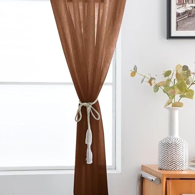 SpaceDresser Brown Sheer Curtains 4 Panels Rod Pocket Semi-Sheer Curtain 84 Inches Long Light Filtering Voile Window Drapes for Bedroom Living Room Kitchen, Each 52W x 84L