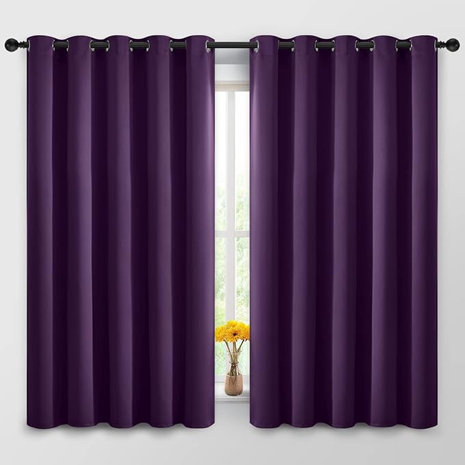 Yakamok Blackout Curtains Room Darkening Thermal Insulated Window Panels,Solid Grommet Top Drapes for Bedroom/Living Room(62Wx63L, Purple, 2 Panels)