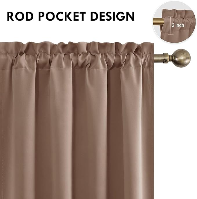 DWCN Blackout Curtains for Living Room Thermal Insulated, Energy Saving & Noise Reducing Bedroom Curtains, Khaki, W 52x L 36 Inch, Set of 2 Rod Pocket Curtain Panels