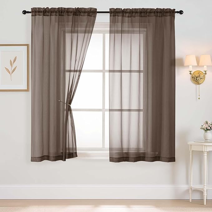 Chocolate Sheer Curtains 63 Inch Length 2 Panels, Voile Sheer Curtain for Living Room, Breathable Light Filtering Modern Window Treatments, Soft Fabric Dual Rod Pocket Drapes, 2x42Wx63L Inches