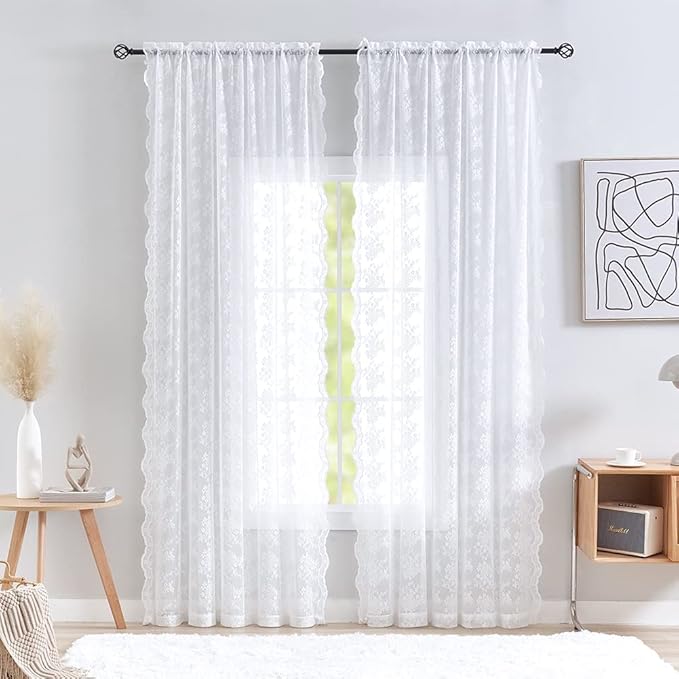 YJ YANJUN Vintage Lace Curtains 72 Inches Long- Victorian Floral Pattern White Sheer Curtain Panels for Patio Door Living Room Bedroom,Light Filtering, French Country Drapes 2 Panels 52W x 72L