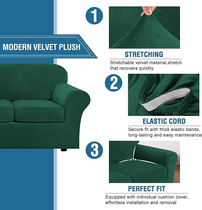 H.VERSAILTEX High Stretch Sofa Slipcover 4 Piece Cover Velvet Furniture Protector Form Fit Thick Velvet Extra Large Sofa Cover for 3 Cushion Couch Width Up to 97 Inch (Large Sofa, Green)