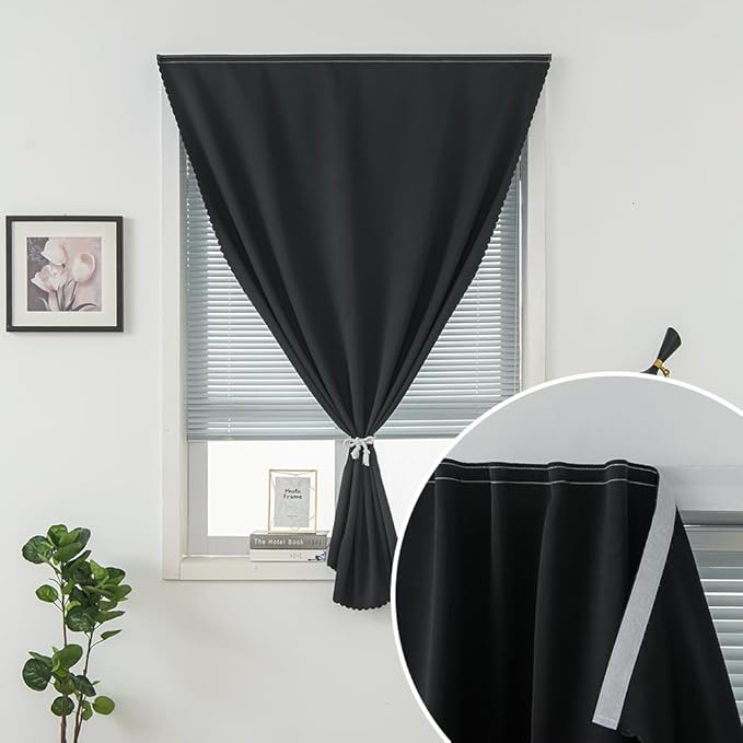 Adhesive Blackout Curtains- Self Stick Curtain No Rod Needed Easy to Hang Curtain, Use for Bedroom, Living Room, Dining Room, Kitchen, 59" W X 96" L, Black, 1 Panel