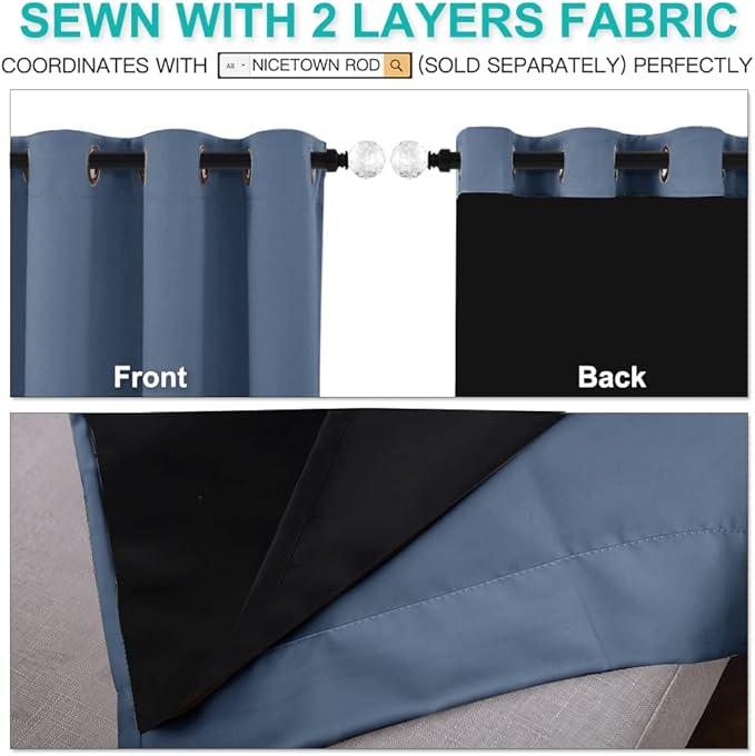 NICETOWN 100% Blackout Curtains 95 inches Long, Pair of Energy Smart & Noise Blocking Out Drapes for Baby Room Window, Thermal Insulated Guest Room Lined Window Dressing (Stone Blue, 62 inches Wide)