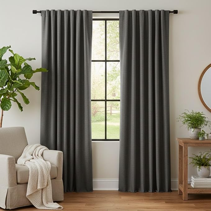 RYB HOME Grey Linen 100% Blackout Curtains for Bedroom 120 inch Long 52 inch Width, Extra Long Drapes Thermal Insulated&Privacy Assurd for Sliding Glass Doors/Dining, Back Tab&Rod Pocket, 2 Panels