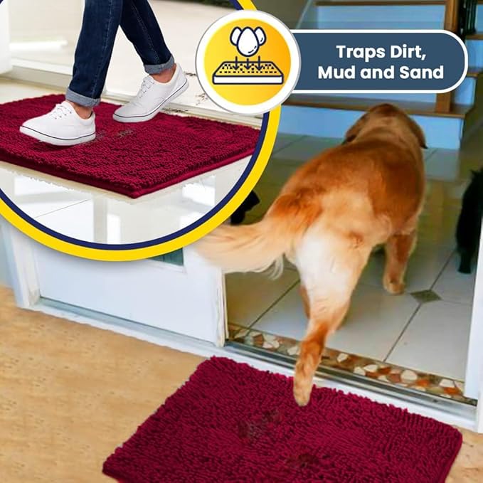 Muddy Mat® | Super Absorbent Door Mat Indoor, Microfiber Quick Dry Chenille Entryway Rug, Non-Slip Front Door Mat, Indoor Mats for Entryway, Machine Washable Pet Rug, Maroon 16"x24"