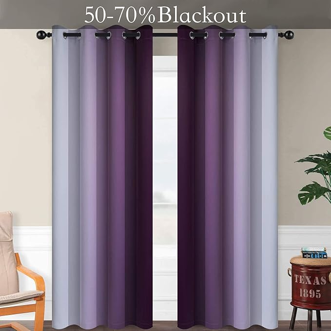SimpleHome Ombre Room Darkening Curtains for Bedroom, Gradient Purple to Grey White Light Blocking Thermal Insulated Grommet Window Curtains/Drapes for Living Room,2 Panels, 52x84 inches Length