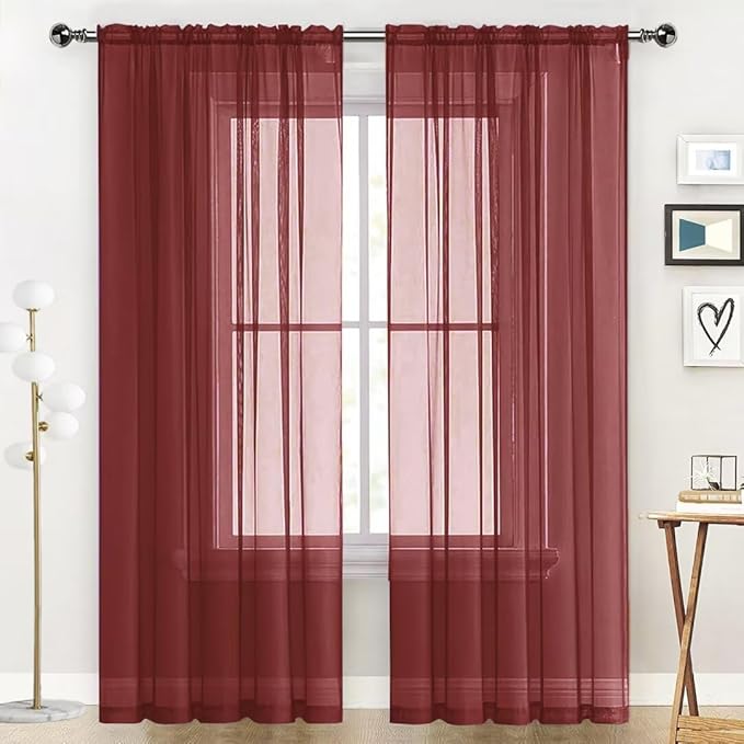 SpaceDresser Basic Rod Pocket Sheer Voile Window Curtain Panels Burgundy 1 Pair 2 Panels 52 Width 84 Inch Long for Kitchen Bedroom Children Living Room Yard(Burgundy,52 W x 84 L)