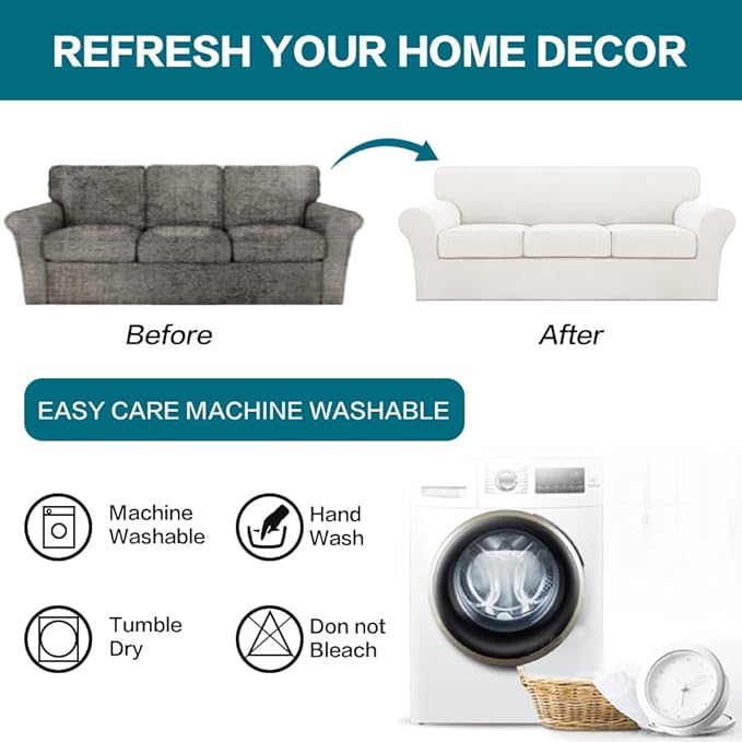 Turquoize 4 Piece Sofa Covers for 3 Cushion Couch Sofa Slipcover Soft Couch Cover for Dogs-Washable Sofa Furniture Covers with 3 Individual Large Cushion Covers (XL Sofa, Porcelain)