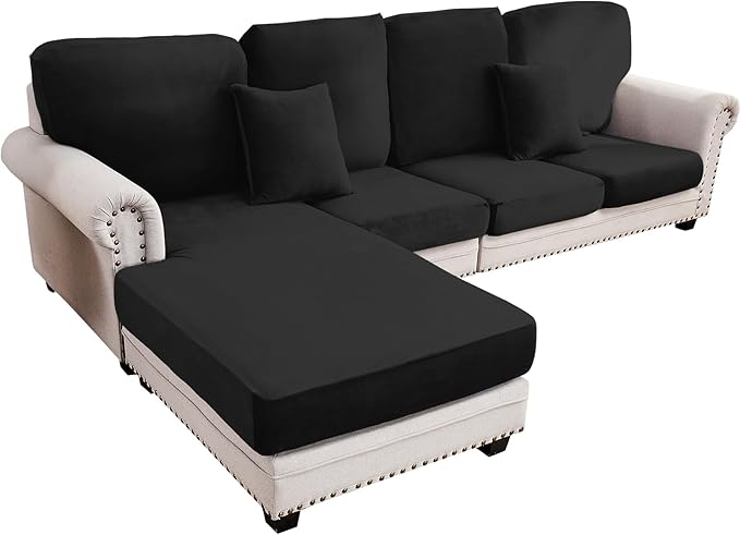 Couch Cover 4-Piece Elastic Velvet Couch Cushion Covers & Chaise Slipcovers for L-Shaped Sofas, Sofa Seat Covers Washable, Soft Cover for Couches (3 Seater + Chaise, Black)