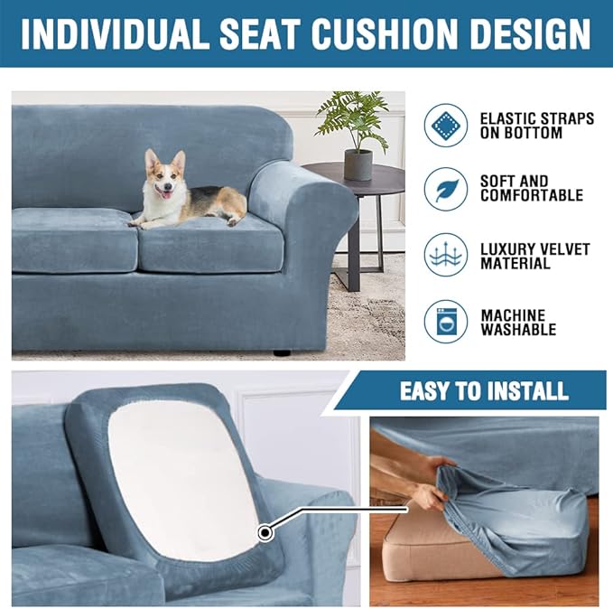 H.VERSAILTEX Real Velvet Plush 3 Piece Stretch Sofa Covers Couch Covers for 2 Cushion Couch Loveseat Covers Width Up to 72 Inch Feature Thick Soft Stay in Place (Medium Sofa, Stone Blue)
