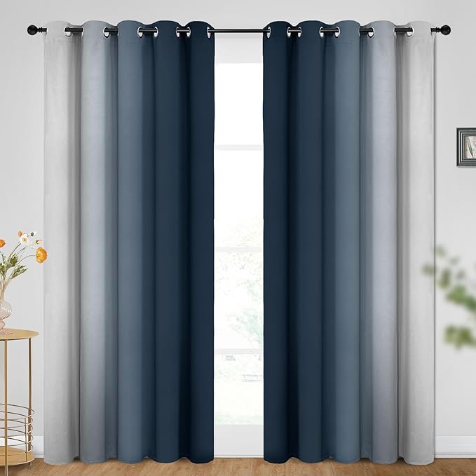 SimpleHome Ombre Room Darkening Curtains for Bedroom, Gradient Navy Blue to Grey White Light Blocking Thermal Insulated Grommet Window Curtains/Drapes for Living Room,2 Panels, 62x96 inches Length