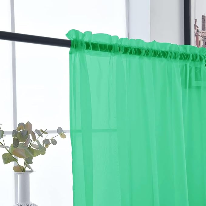 SpaceDresser Basic Rod Pocket Sheer Voile Window Curtain Panels Grass Green 1 Pair 2 Panels 52 Width 54 Inch Long for Kitchen Bedroom Children Living Room Yard（Grass Green, 52W x 54L）