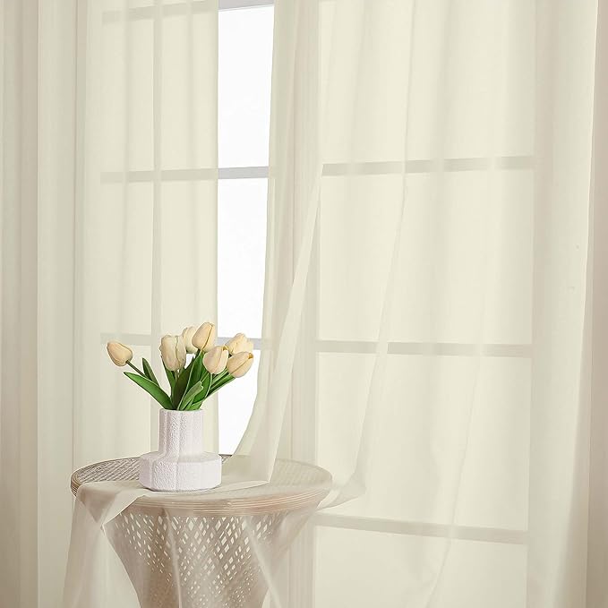 OWENIE Cream Sheer Curtain 90 Inches Long 2 Panels Set, Solid Filmy Drapes for Living Room Bedroom, Elegant Window Voile Sheer Curtain Panels Drapes, 2 Pcs, Each 59" Wx90 L Inch