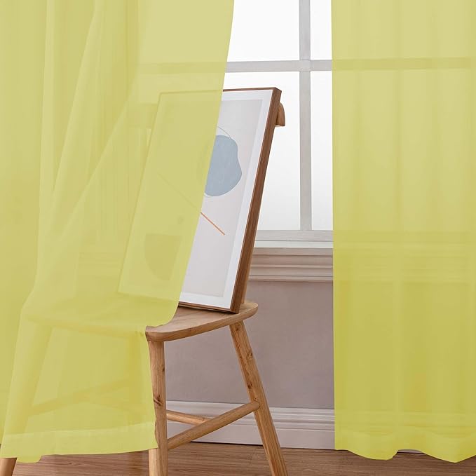 Chyhomenyc Sheer Curtains 63 Inch Length 2 Panels Set, Light Filtering Rod Pocket Window Curtain Treatment Drapes for Bedroom Living Room, Each 42Wx63L, Set of 2, Lemon