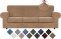 WEERRW 4 Pieces Polyester and Spandex High Stretch Couch Covers for 3 Cushion Couch Sofa Slipcovers, Furniture Protector with Non Slip Elastic Bottom, Feature Soft and Thick Plush Fabric, Camel, Large