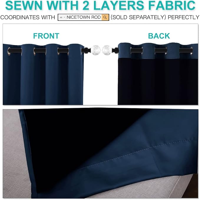 NICETOWN 100% Blackout Curtain Set, Thermal Insulated & Energy Efficiency Window Draperies for Guest Room, Full Shading Panels for Shift Worker and Light Sleepers, Navy Blue, 62W x 84L, 2 PCs