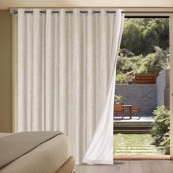 H.VERSAILTEX Linen Blackout Curtains Durable Thick Textured Linen Look 100% Blackout Patio Door Curtain Anti Rust Grommet Extra Wide Sliding Door Curtain Panel, Natural，W100 x L108 inch
