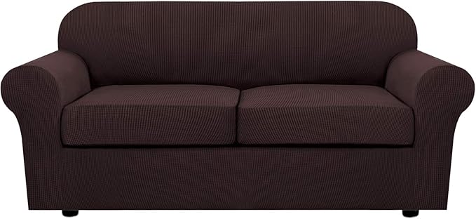 H.VERSAILTEX 3 Piece Stretch Sofa Covers for 2 Cushion Sofa Couch Covers for Living Room Sofa Slipcovers (Base Cover Plus 2 Seat Cushion Covers) Thicker Jacquard Fabric(Large Sofa, Chocolate)