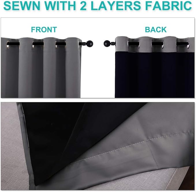 NICETOWN 100% Blackout Short Curtains with Black Liners, 2 Panels, 37" W by 50" L, Grey, Solid Thermal Insulated Full Blackout 2-Layer Lined Drapes, Energy Efficiency Window Draperies for Bedroom