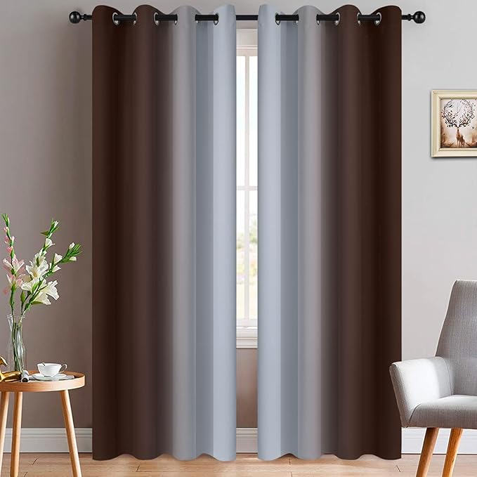 Yakamok 84 Inch Length Thermal Insulated Gradient Color Ombre Curtains with Grommet, Room Darkening Window Drapes for Bedroom (Brown and Greyish White, 52x84 Inch, Set of 2)