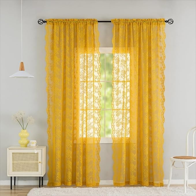 YJ YANJUN Vintage Lace Curtains 108 Inches Long- Retro Floral Mid Century Modern Sheer Curtain Panels Funky Embroidery Pioneer Woman Drapes Fall Decor 2 Panels W52 x L108 Gold