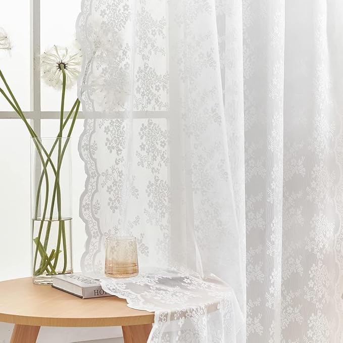 YJ YANJUN Vintage Lace Curtains 102 Inches Long-Victorian Floral Pattern Boho White Sheer Curtain Panels for Living Room Bedroom,Light Filtering, Country Cottage Core Drapes 2 Panels 52W x 102L