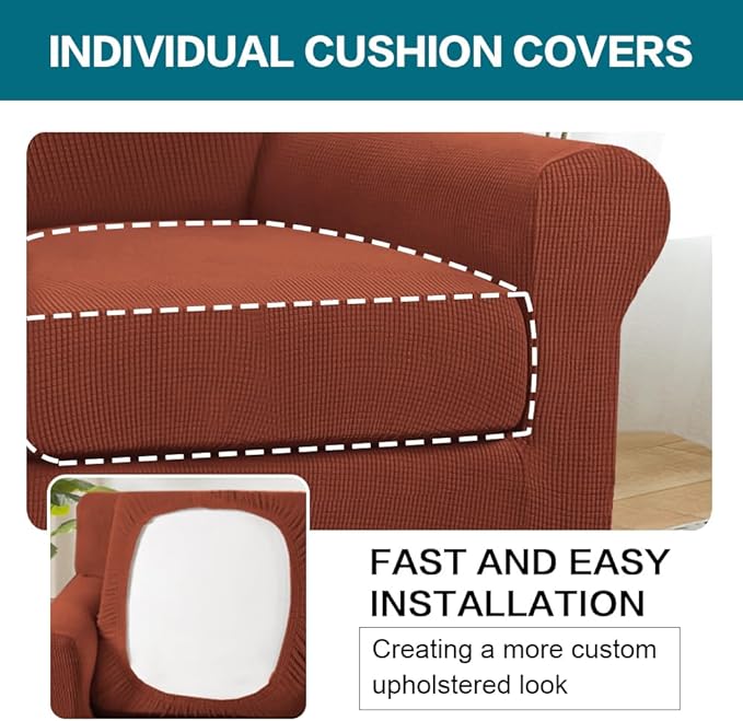 Turquoize 2 Piece Chair Covers Chair Slipcovers for Living Room Armchair Couch Cover Chair Sofa Cover with Individual Cushion Covers Furniture Cover for Chairs Feature Jacquard Fabric (Chair, Rust)