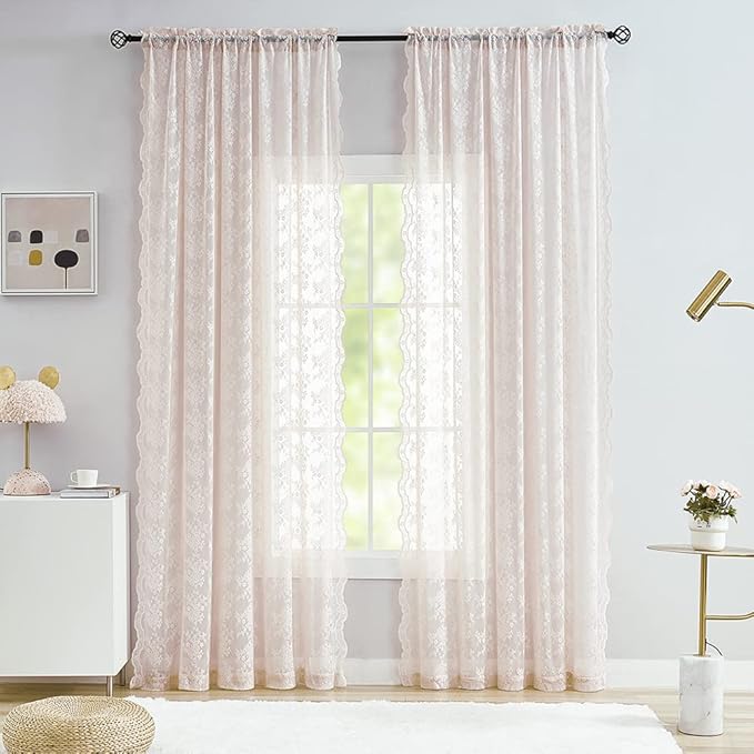 YJ YANJUN Vintage Lace Curtains 96 Inches Long-Victorian Floral Pattern Dusty Pink Sheer Curtain Panels for Living Room Bedroom,Light Filtering, Shabby Chic Girls Drapes 2 Panels 52W x 96L