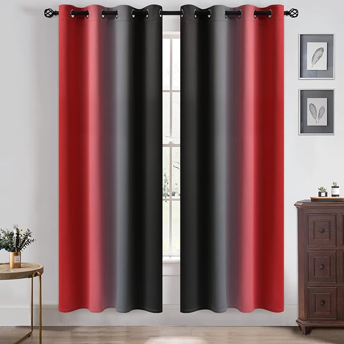 Yakamok Blackout Ombre Black and Red Curtains for Bedroom,Room Darkening Grommet Thermal Insulated Full Light Blocking Window Drapes/Curtains for Living Room,52 x 72 Inch,2 Panels