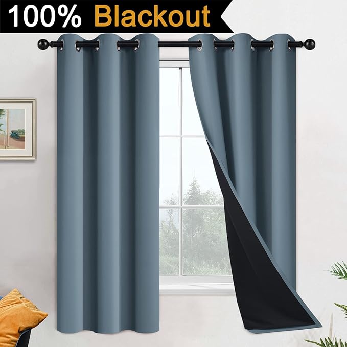 Yakamok 100% Blackout Lined Panels, Thermal Insulated Blackout Curtains for Bedroom, Heat Blocking Drapes for Living Room(42Wx63L, Stone Blue, 2 Panels)